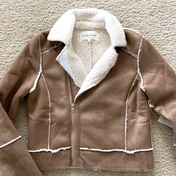 Faux Suede Sherpa Lined Short Moto Style Jacket - Picture 2 of 11